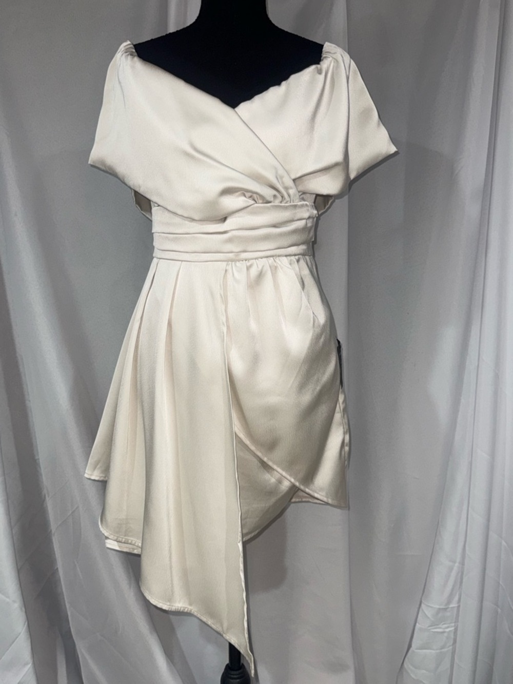 Lulu's Ivory Asymmetrical Wrap Satin Dress